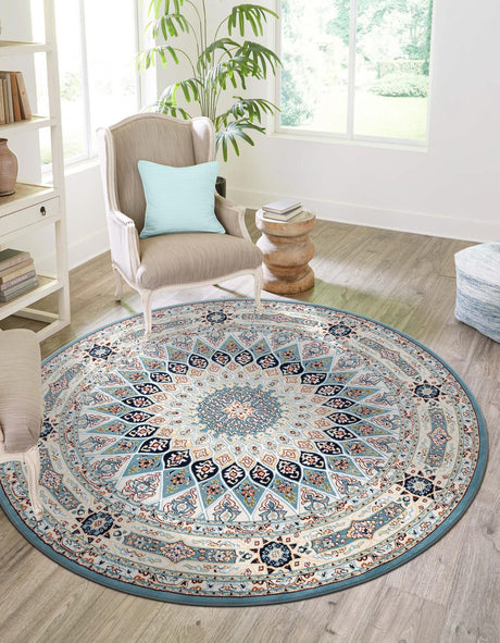 Blue 6' 1 x 6' 1 Narenj Round Area Rug 85% Polypropylene & 15% Polyester Traditional Classic Carpet for Living, Dining, Bedrooms, Office for Sale at Rug Engine