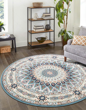 Blue 7' 1 x 7' 1 Narenj Round Area Rug 85% Polypropylene & 15% Polyester Traditional Classic Carpet for Living, Dining, Bedrooms, Office for Sale at Rug Engine