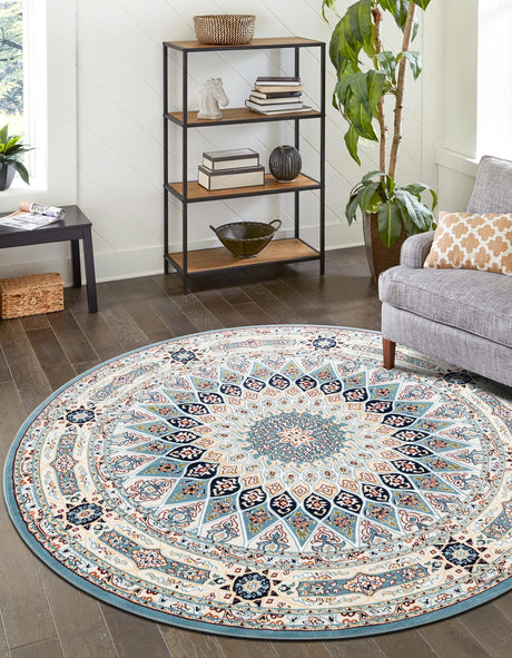 Blue 7' 1 x 7' 1 Narenj Round Area Rug 85% Polypropylene & 15% Polyester Traditional Classic Carpet for Living, Dining, Bedrooms, Office for Sale at Rug Engine
