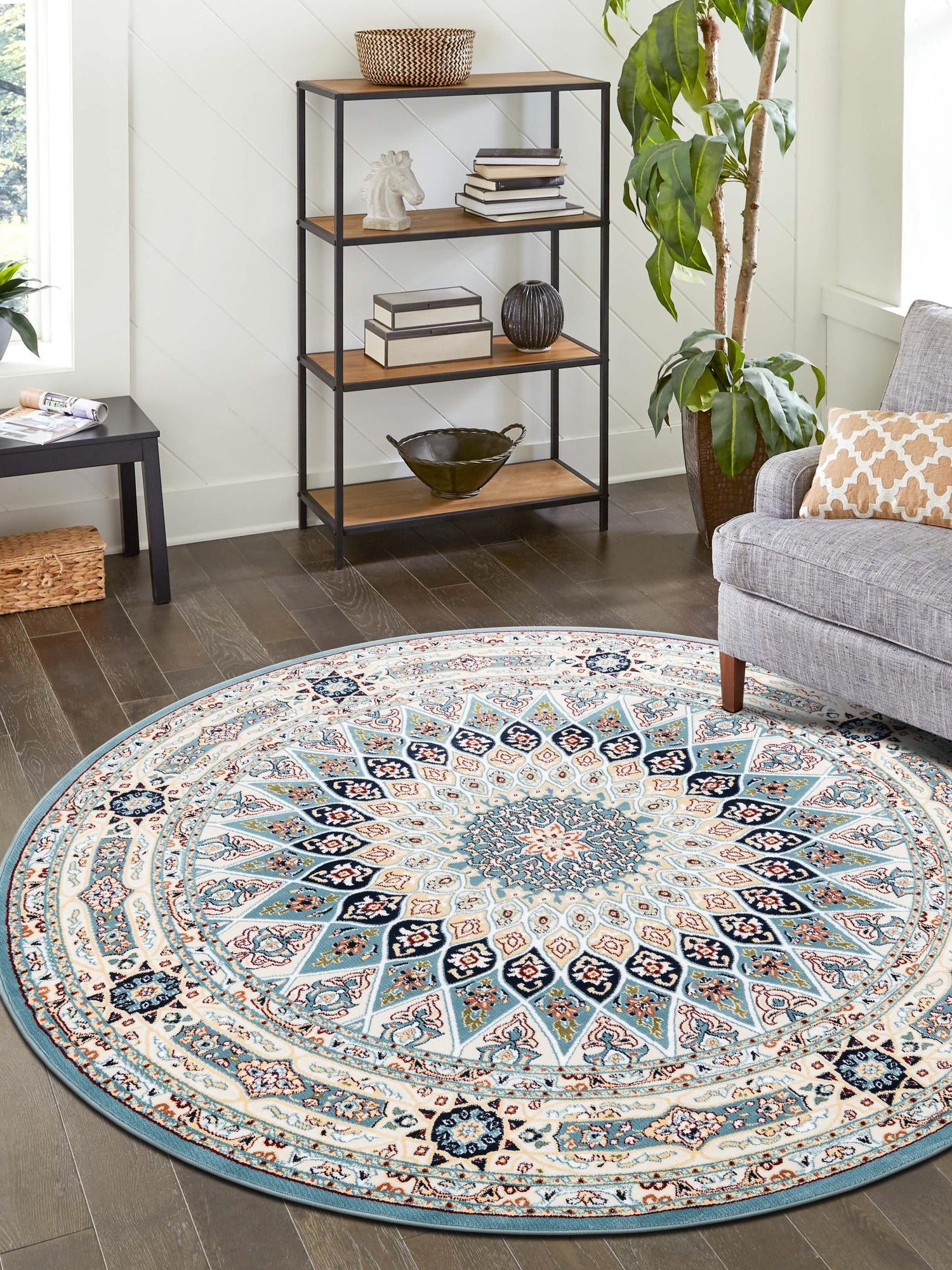 Blue 7' 10 x 7' 10 Narenj Round Area Rug 85% Polypropylene & 15% Polyester Traditional Classic Carpet for Living, Dining, Bedrooms, Office for Sale at Rug Engine