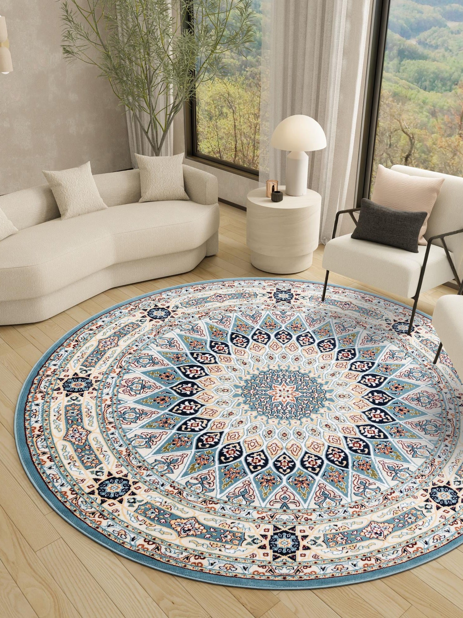 Blue 7' 1 x 7' 1 Narenj Round Area Rug 85% Polypropylene & 15% Polyester Traditional Classic Carpet for Living, Dining, Bedrooms, Office for Sale at Rug Engine