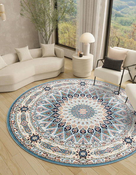Blue 7' 10 x 7' 10 Narenj Round Area Rug 85% Polypropylene & 15% Polyester Traditional Classic Carpet for Living, Dining, Bedrooms, Office for Sale at Rug Engine