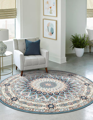 Blue 4' 1 x 4' 1 Narenj Round Area Rug 85% Polypropylene & 15% Polyester Traditional Classic Carpet for Living, Dining, Bedrooms, Office for Sale at Rug Engine