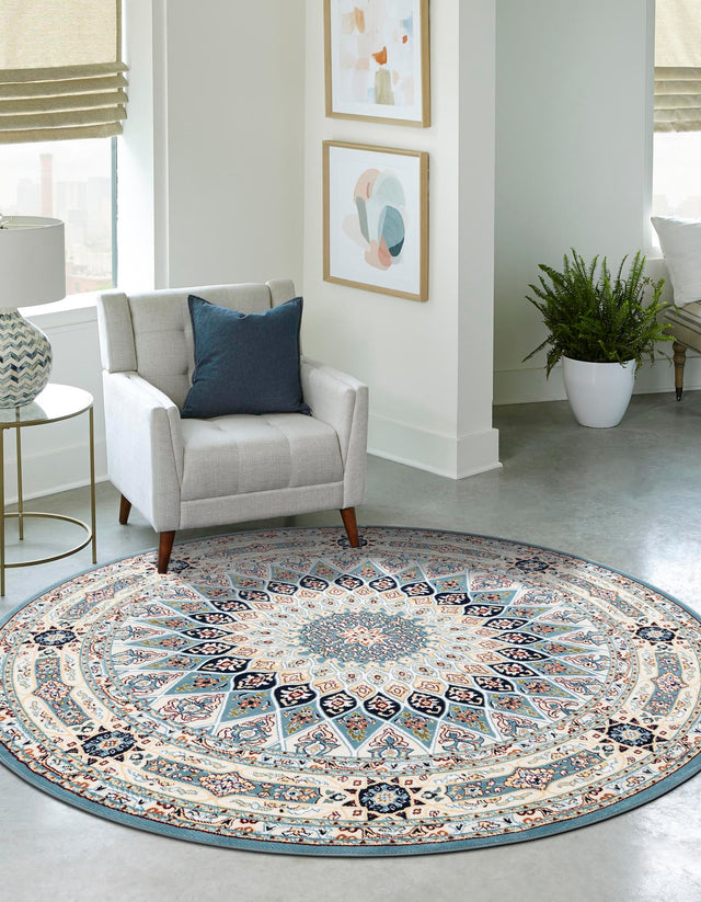 Blue 4' 1 x 4' 1 Narenj Round Area Rug 85% Polypropylene & 15% Polyester Traditional Classic Carpet for Living, Dining, Bedrooms, Office for Sale at Rug Engine