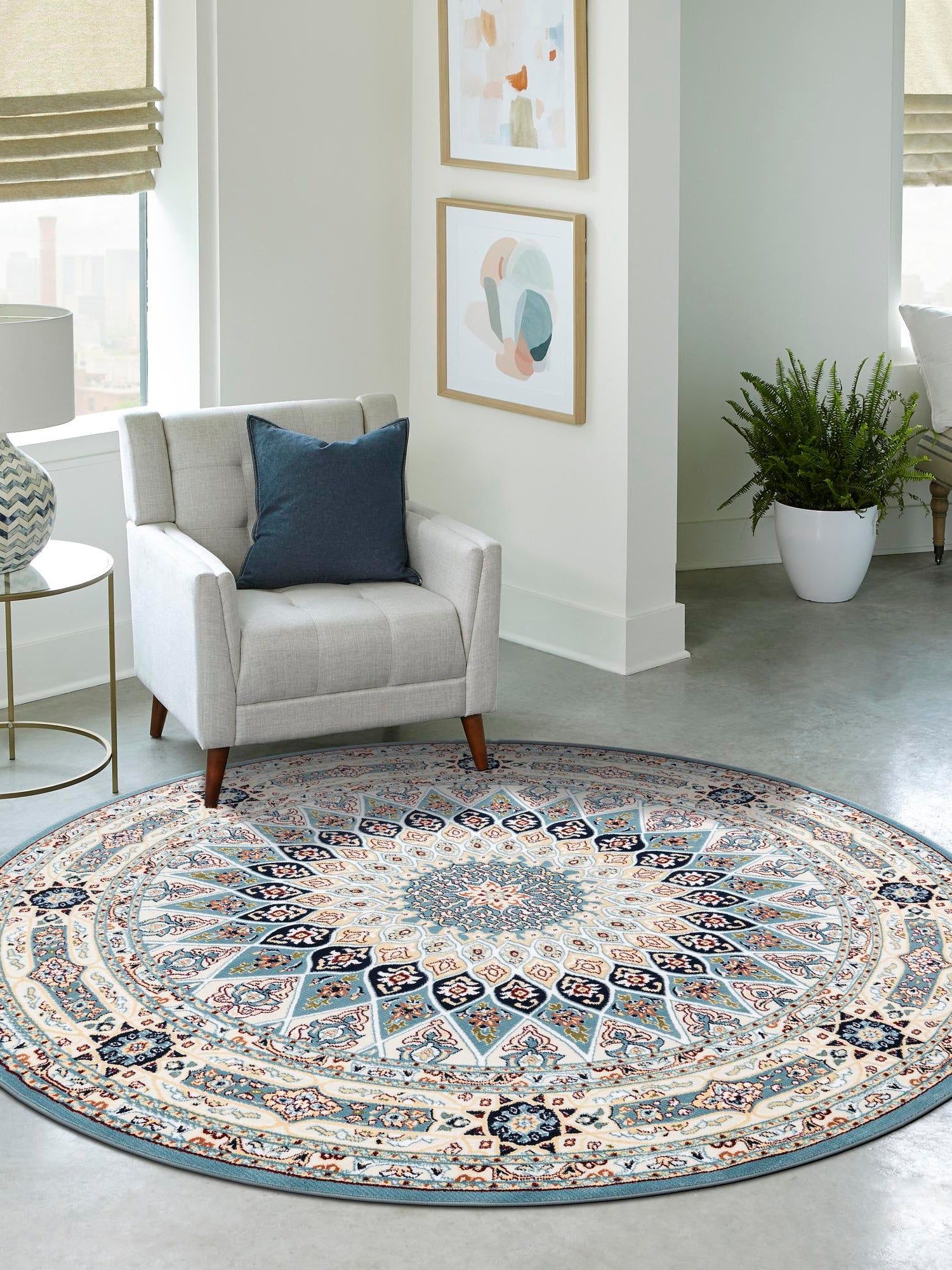 Blue 7' 10 x 7' 10 Narenj Round Area Rug 85% Polypropylene & 15% Polyester Traditional Classic Carpet for Living, Dining, Bedrooms, Office for Sale at Rug Engine