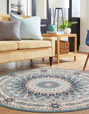 Blue 4' 1 x 4' 1 Narenj Round Area Rug 85% Polypropylene & 15% Polyester Traditional Classic Carpet for Living, Dining, Bedrooms, Office for Sale at Rug Engine