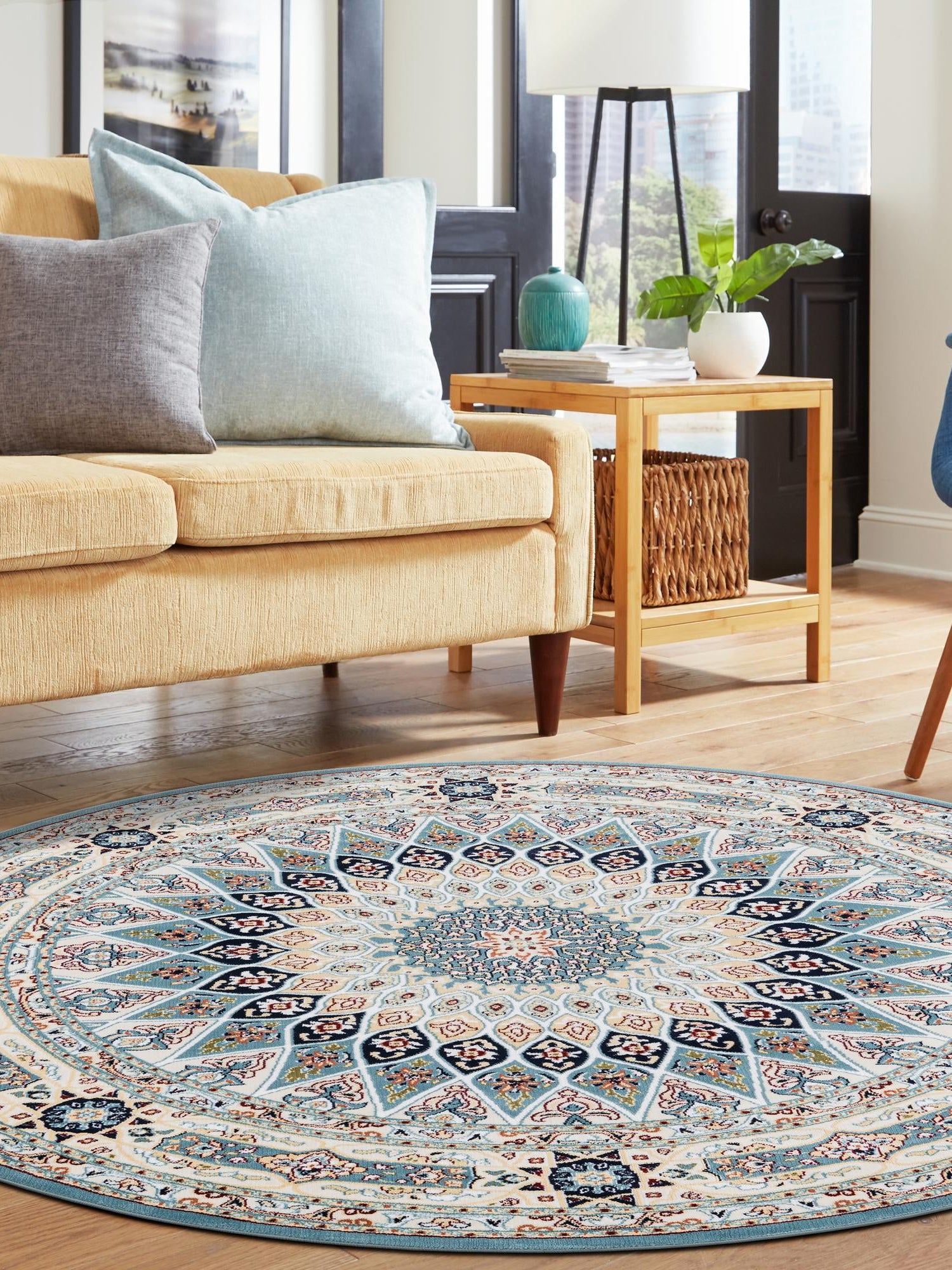 Blue 7' 1 x 7' 1 Narenj Round Area Rug 85% Polypropylene & 15% Polyester Traditional Classic Carpet for Living, Dining, Bedrooms, Office for Sale at Rug Engine