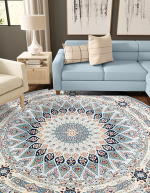 Blue 7' 1 x 7' 1 Narenj Round Area Rug 85% Polypropylene & 15% Polyester Traditional Classic Carpet for Living, Dining, Bedrooms, Office for Sale at Rug Engine