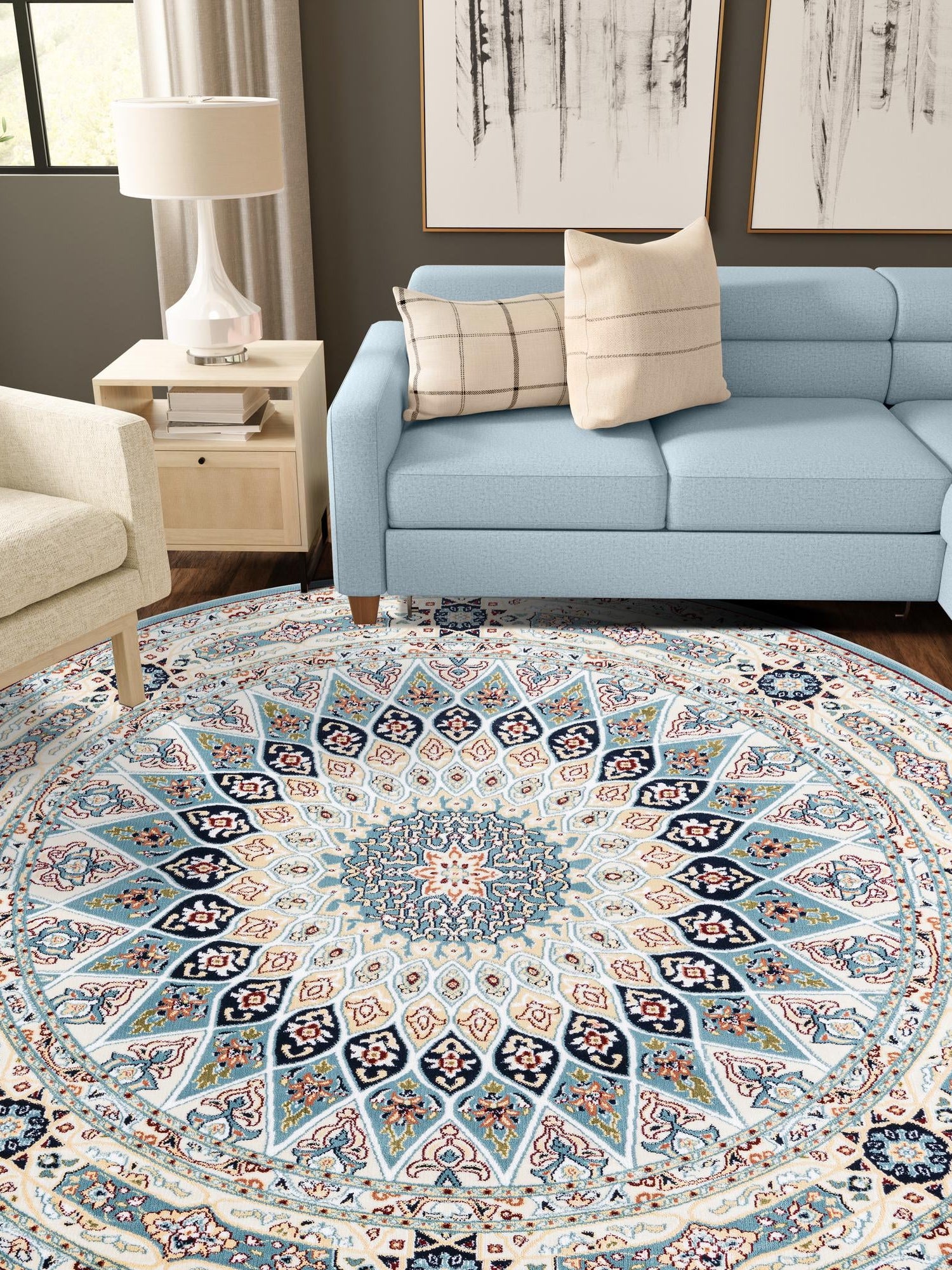 Blue 7' 10 x 7' 10 Narenj Round Area Rug 85% Polypropylene & 15% Polyester Traditional Classic Carpet for Living, Dining, Bedrooms, Office for Sale at Rug Engine