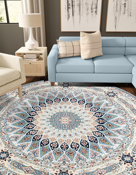 Blue 10' x 10' Narenj Round Area Rug 85% Polypropylene & 15% Polyester Traditional Classic Carpet for Living, Dining, Bedrooms, Office for Sale at Rug Engine