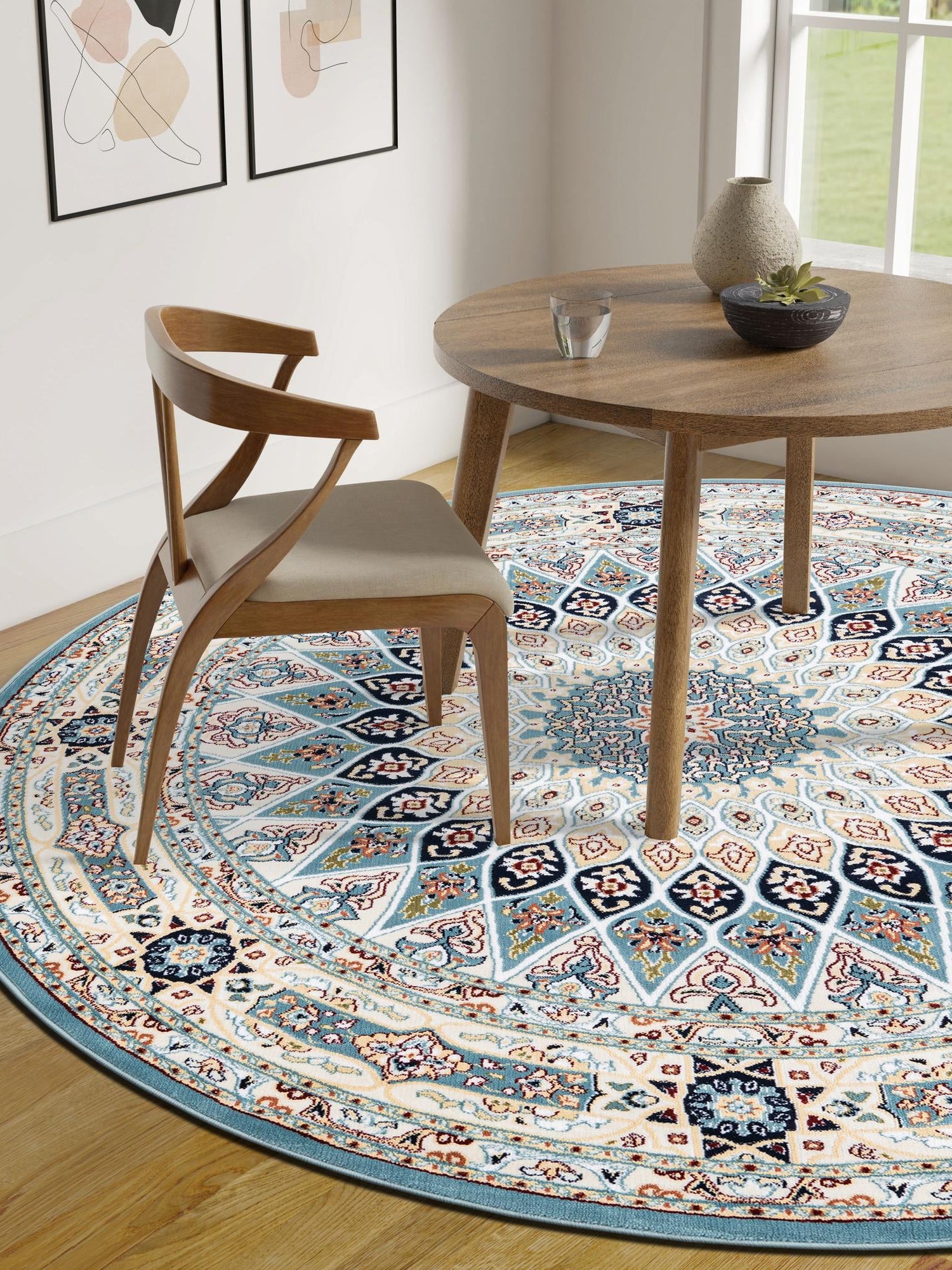 Blue 7' 1 x 7' 1 Narenj Round Area Rug 85% Polypropylene & 15% Polyester Traditional Classic Carpet for Living, Dining, Bedrooms, Office for Sale at Rug Engine