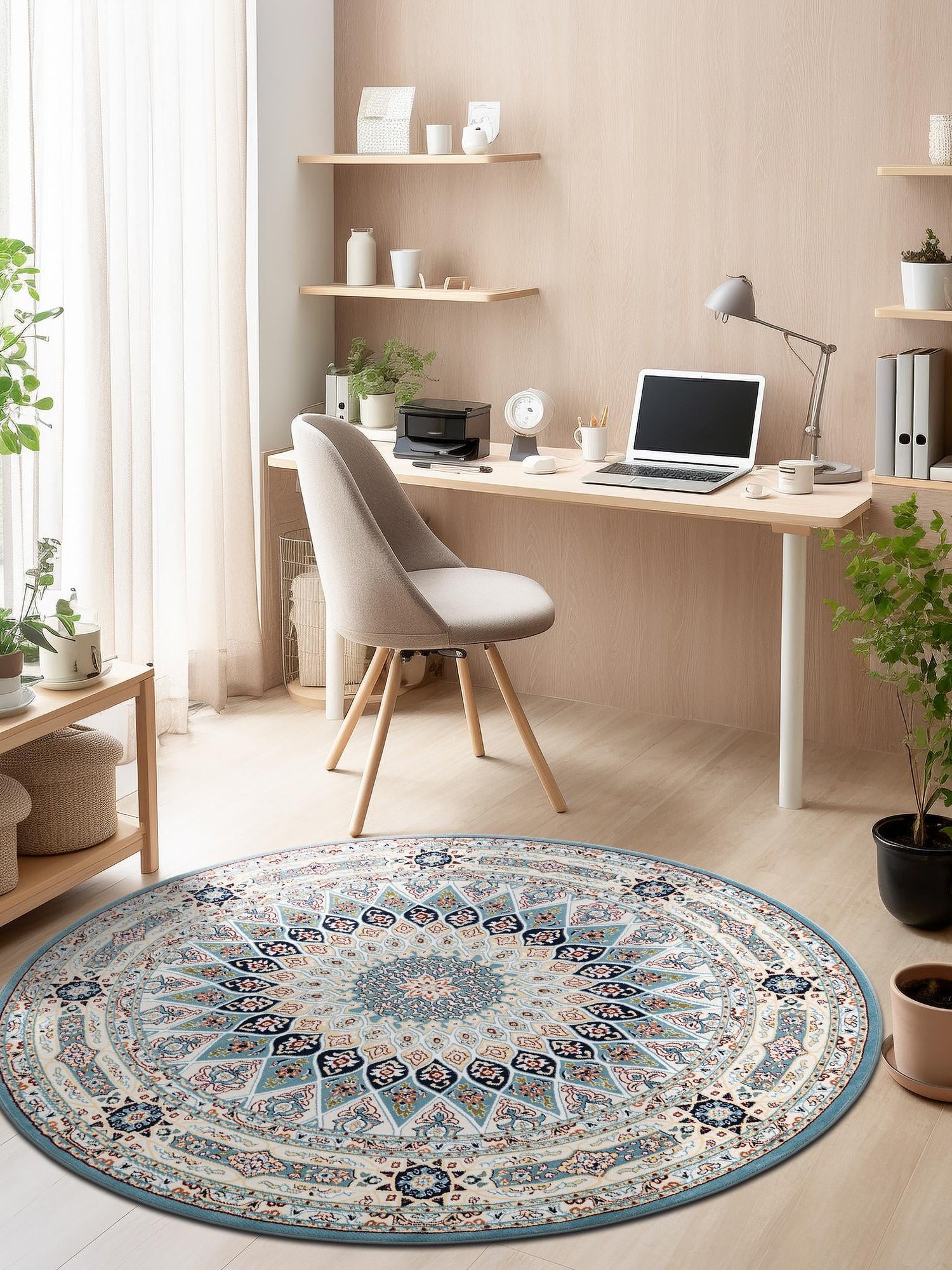 Blue 6' 1 x 6' 1 Narenj Round Area Rug 85% Polypropylene & 15% Polyester Traditional Classic Carpet for Living, Dining, Bedrooms, Office for Sale at Rug Engine