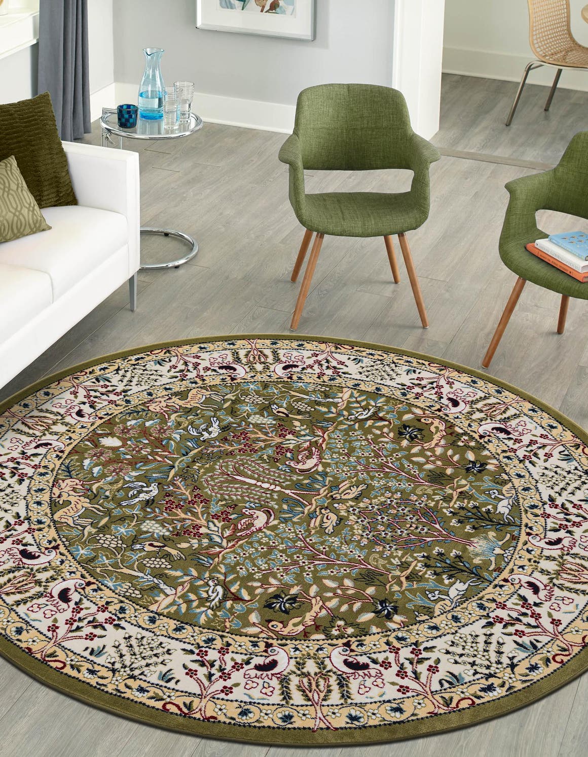Green 6' 1 x 6' 1 Narenj Round Area Rug 85% Polypropylene & 15% Polyester Traditional Classic Carpet for Living, Dining, Bedrooms, Office for Sale at Rug Engine