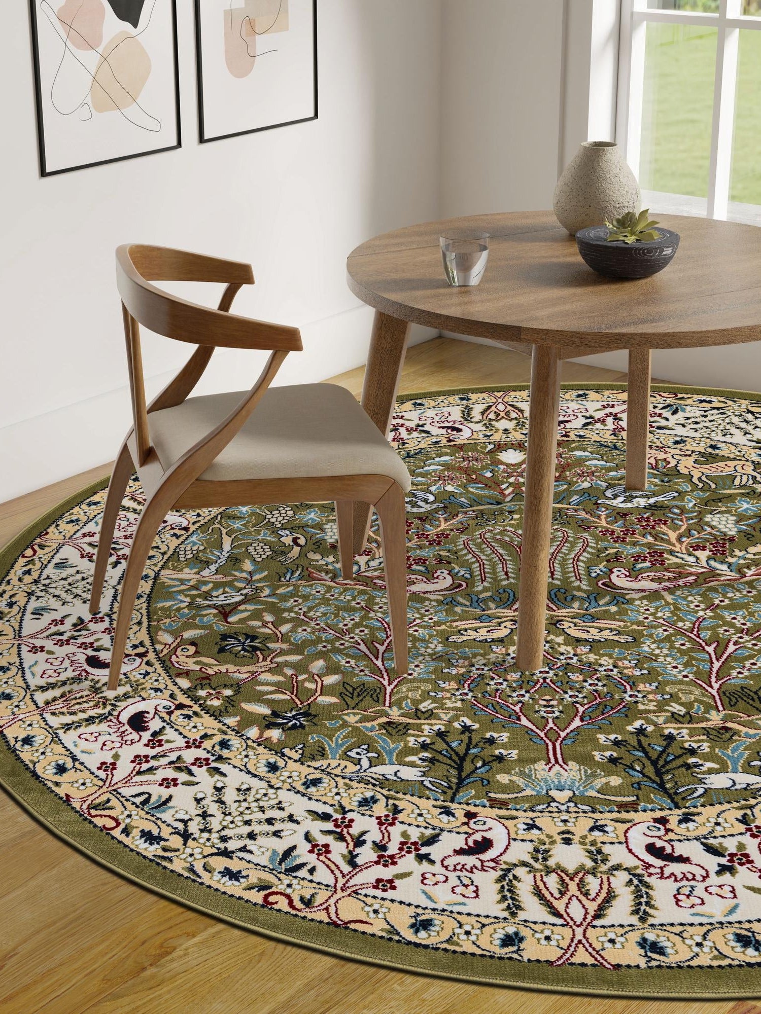 Green 4' 1 x 4' 1 Narenj Round Area Rug 85% Polypropylene & 15% Polyester Traditional Classic Carpet for Living, Dining, Bedrooms, Office for Sale at Rug Engine
