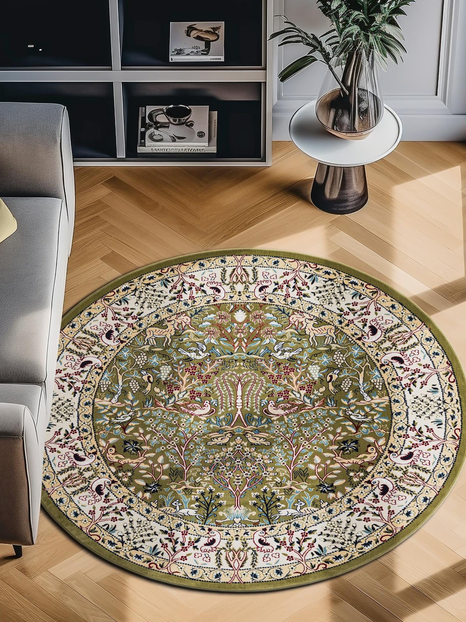 Green 7' 1 x 7' 1 Narenj Round Area Rug 85% Polypropylene & 15% Polyester Traditional Classic Carpet for Living, Dining, Bedrooms, Office for Sale at Rug Engine