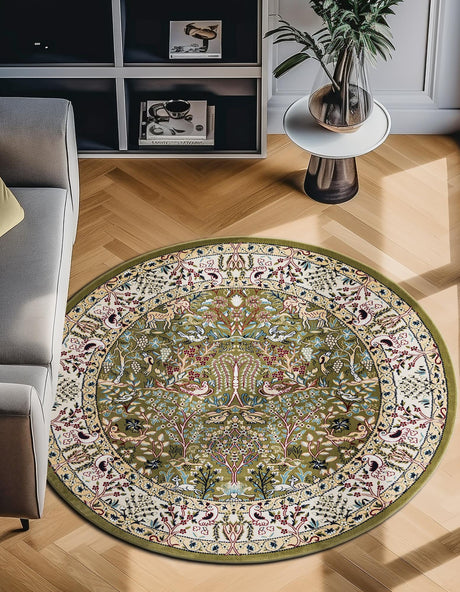 Green 6' 1 x 6' 1 Narenj Round Area Rug 85% Polypropylene & 15% Polyester Traditional Classic Carpet for Living, Dining, Bedrooms, Office for Sale at Rug Engine