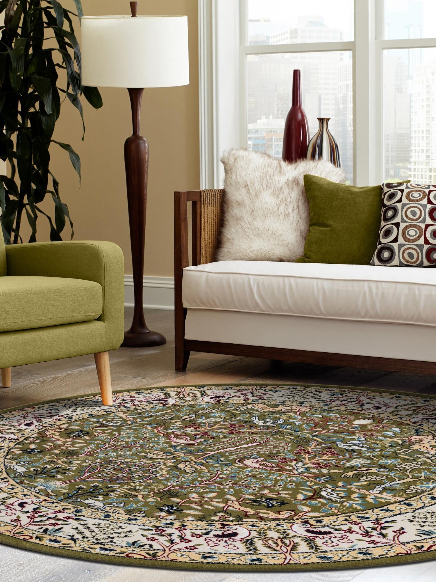 Green 7' 1 x 7' 1 Narenj Round Area Rug 85% Polypropylene & 15% Polyester Traditional Classic Carpet for Living, Dining, Bedrooms, Office for Sale at Rug Engine