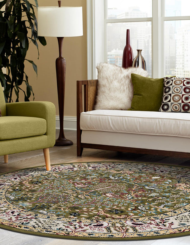Green 7' 1 x 7' 1 Narenj Round Area Rug 85% Polypropylene & 15% Polyester Traditional Classic Carpet for Living, Dining, Bedrooms, Office for Sale at Rug Engine