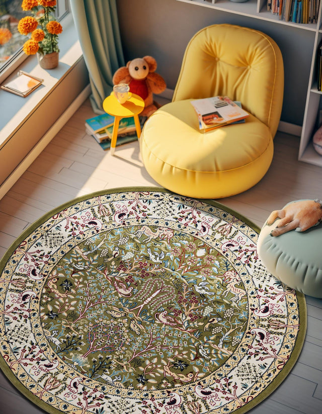 Green 5' 3 x 5' 3 Narenj Round Area Rug 85% Polypropylene & 15% Polyester Traditional Classic Carpet for Living, Dining, Bedrooms, Office for Sale at Rug Engine