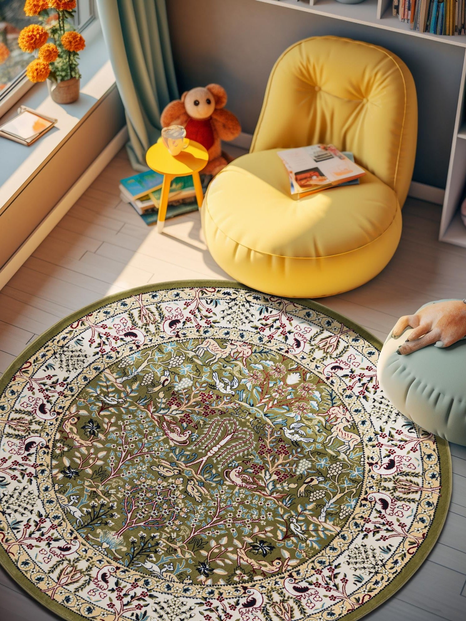 Green 4' 1 x 4' 1 Narenj Round Area Rug 85% Polypropylene & 15% Polyester Traditional Classic Carpet for Living, Dining, Bedrooms, Office for Sale at Rug Engine
