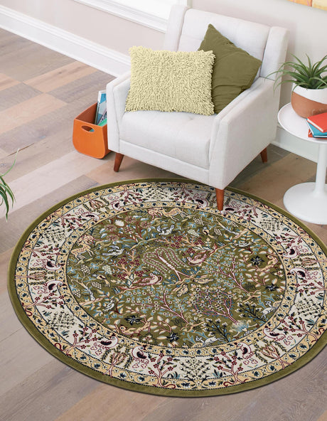 Green 5' 3 x 5' 3 Narenj Round Area Rug 85% Polypropylene & 15% Polyester Traditional Classic Carpet for Living, Dining, Bedrooms, Office for Sale at Rug Engine