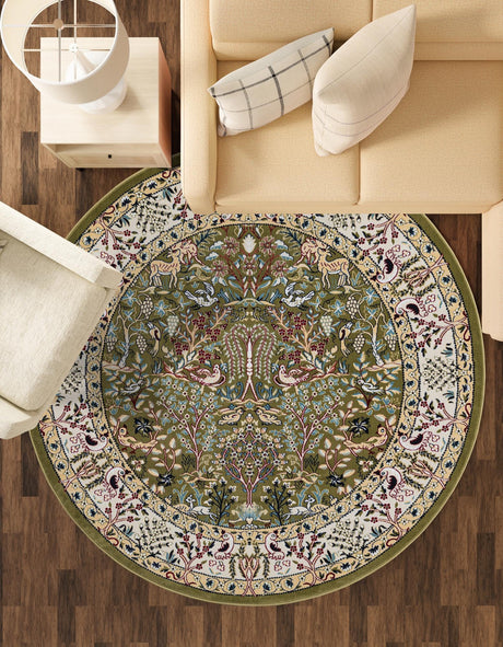 Green 5' 3 x 5' 3 Narenj Round Area Rug 85% Polypropylene & 15% Polyester Traditional Classic Carpet for Living, Dining, Bedrooms, Office for Sale at Rug Engine