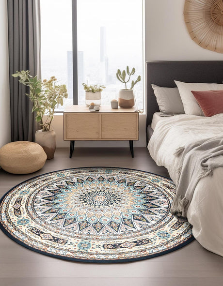 Navy Blue 6' 1 x 6' 1 Narenj Round Area Rug 85% Polypropylene & 15% Polyester Traditional Classic Carpet for Living, Dining, Bedrooms, Office for Sale at Rug Engine