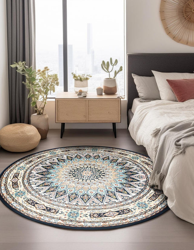 Navy Blue 6' 1 x 6' 1 Narenj Round Area Rug 85% Polypropylene & 15% Polyester Traditional Classic Carpet for Living, Dining, Bedrooms, Office for Sale at Rug Engine
