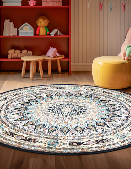 Navy Blue 4' 1 x 4' 1 Narenj Round Area Rug 85% Polypropylene & 15% Polyester Traditional Classic Carpet for Living, Dining, Bedrooms, Office for Sale at Rug Engine