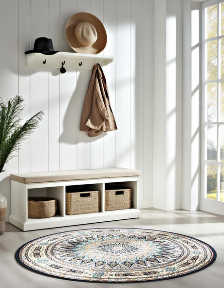 Navy Blue 7' 1 x 7' 1 Narenj Round Area Rug 85% Polypropylene & 15% Polyester Traditional Classic Carpet for Living, Dining, Bedrooms, Office for Sale at Rug Engine