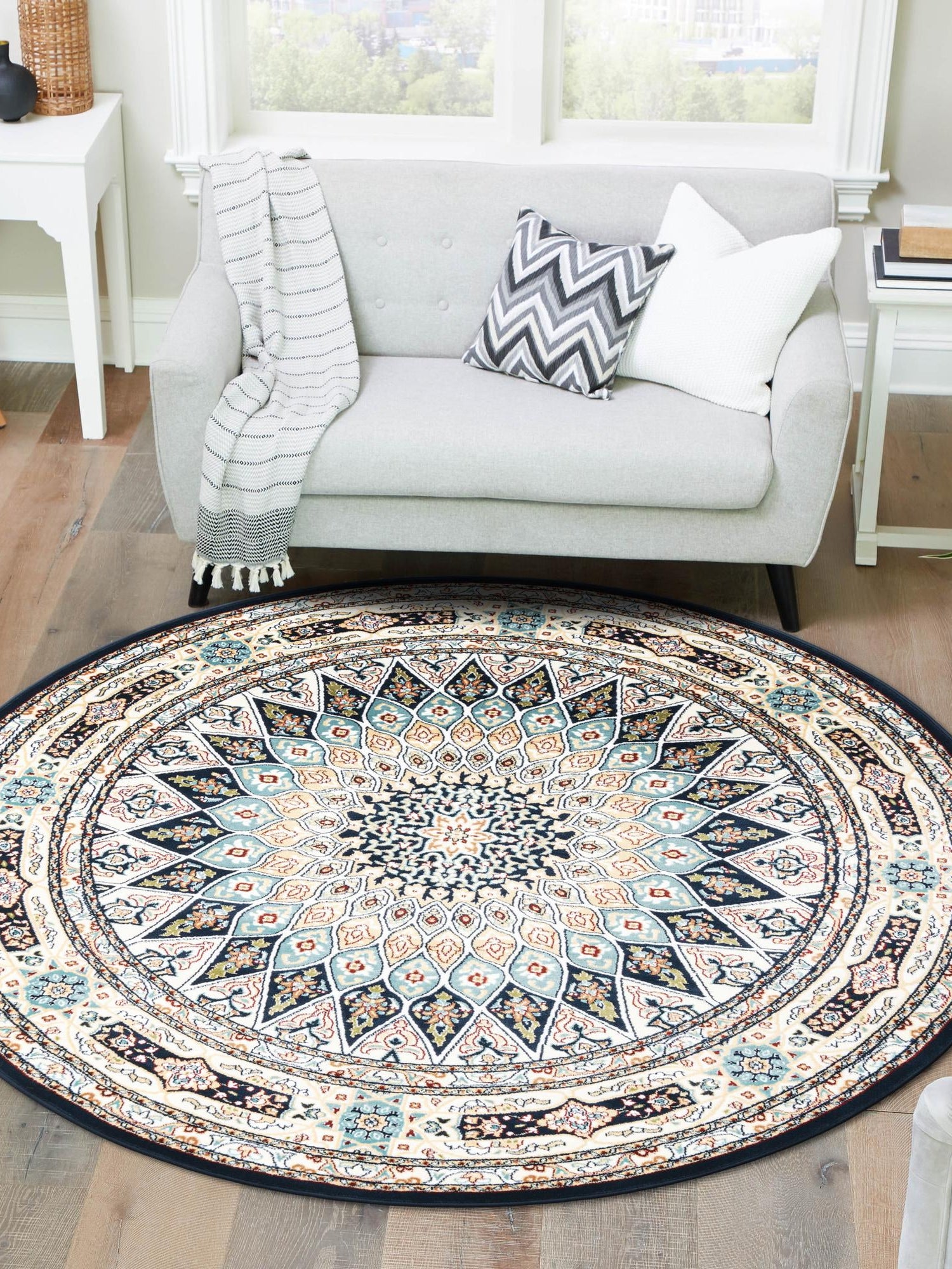 Navy Blue 7' 10 x 8' Narenj Round Area Rug 85% Polypropylene & 15% Polyester Traditional Classic Carpet for Living, Dining, Bedrooms, Office for Sale at Rug Engine