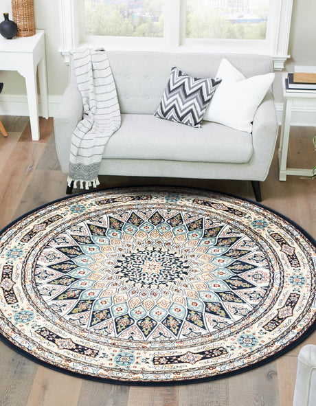 Navy Blue 5' 3 x 5' 3 Narenj Round Area Rug 85% Polypropylene & 15% Polyester Traditional Classic Carpet for Living, Dining, Bedrooms, Office for Sale at Rug Engine