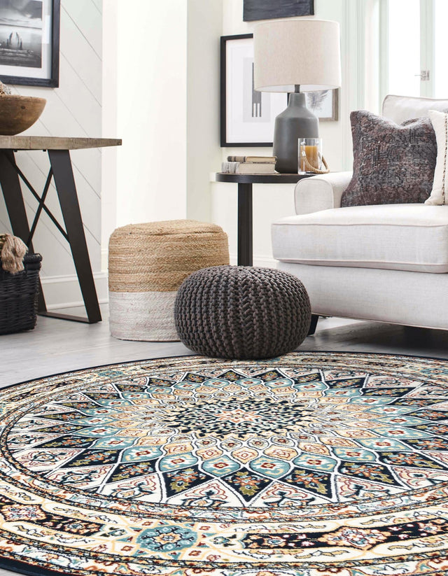 Navy Blue 7' 10 x 8' Narenj Round Area Rug 85% Polypropylene & 15% Polyester Traditional Classic Carpet for Living, Dining, Bedrooms, Office for Sale at Rug Engine
