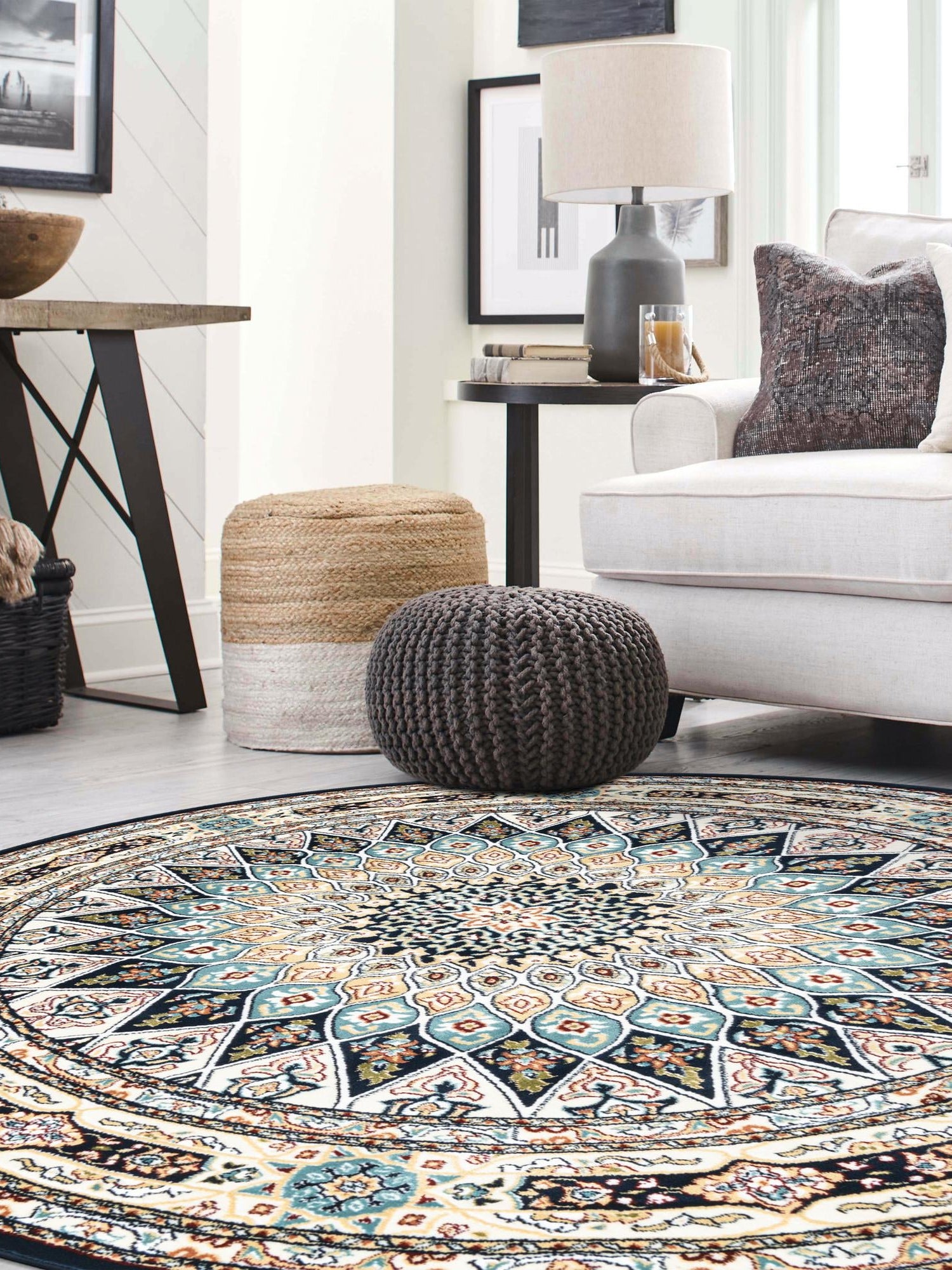 Navy Blue 10' x 10' Narenj Round Area Rug 85% Polypropylene & 15% Polyester Traditional Classic Carpet for Living, Dining, Bedrooms, Office for Sale at Rug Engine