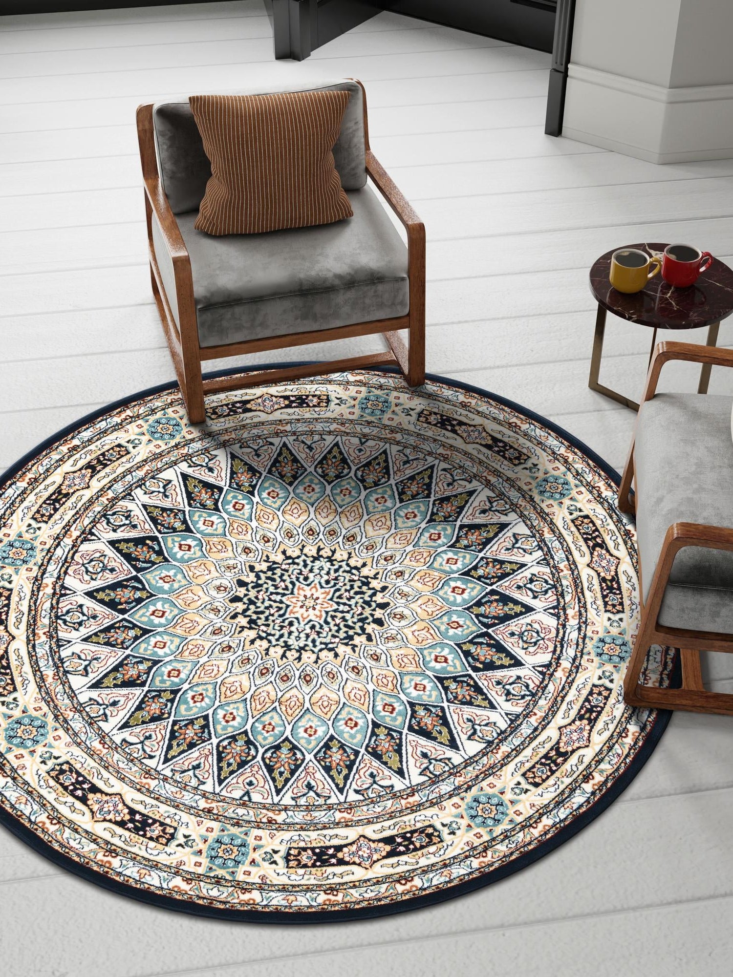 Navy Blue 7' 10 x 8' Narenj Round Area Rug 85% Polypropylene & 15% Polyester Traditional Classic Carpet for Living, Dining, Bedrooms, Office for Sale at Rug Engine