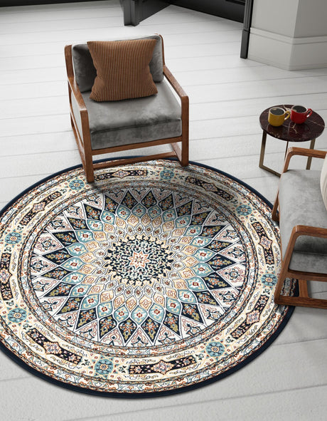 Navy Blue 7' 10 x 8' Narenj Round Area Rug 85% Polypropylene & 15% Polyester Traditional Classic Carpet for Living, Dining, Bedrooms, Office for Sale at Rug Engine