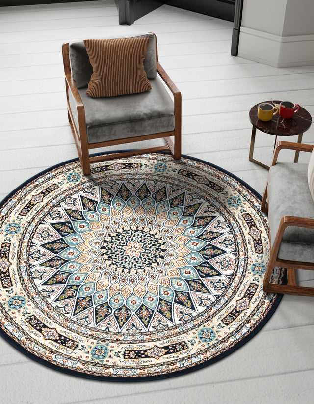 Navy Blue 6' 1 x 6' 1 Narenj Round Area Rug 85% Polypropylene & 15% Polyester Traditional Classic Carpet for Living, Dining, Bedrooms, Office for Sale at Rug Engine