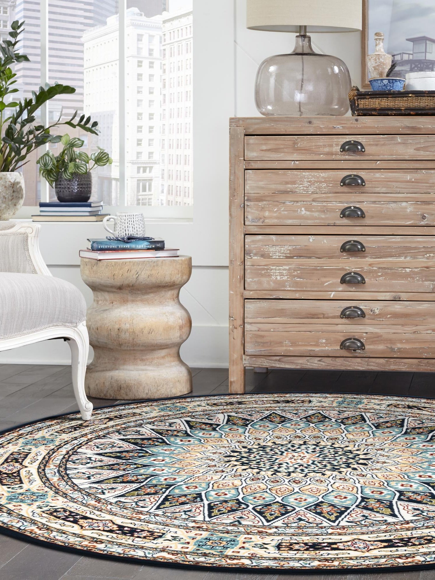 Navy Blue 7' 10 x 8' Narenj Round Area Rug 85% Polypropylene & 15% Polyester Traditional Classic Carpet for Living, Dining, Bedrooms, Office for Sale at Rug Engine