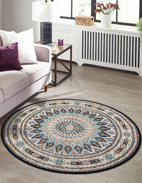 Navy Blue 5' 3 x 5' 3 Narenj Round Area Rug 85% Polypropylene & 15% Polyester Traditional Classic Carpet for Living, Dining, Bedrooms, Office for Sale at Rug Engine