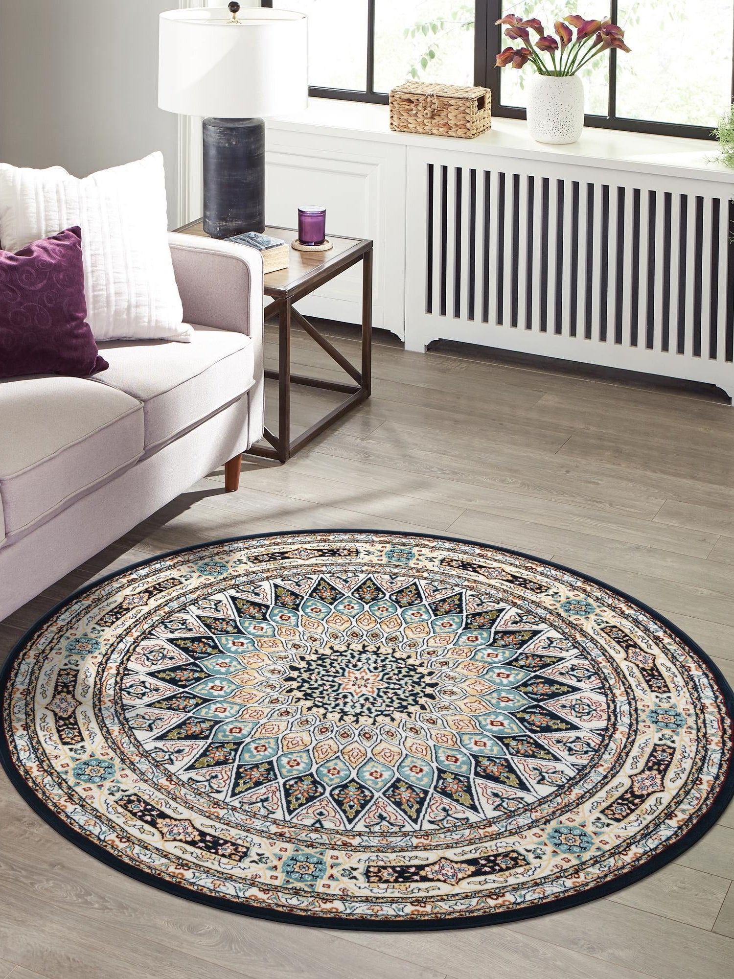 Navy Blue 7' 10 x 8' Narenj Round Area Rug 85% Polypropylene & 15% Polyester Traditional Classic Carpet for Living, Dining, Bedrooms, Office for Sale at Rug Engine