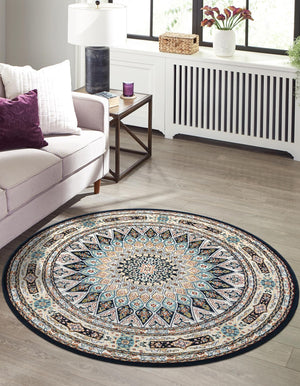 Navy Blue 7' 1 x 7' 1 Narenj Round Area Rug 85% Polypropylene & 15% Polyester Traditional Classic Carpet for Living, Dining, Bedrooms, Office for Sale at Rug Engine