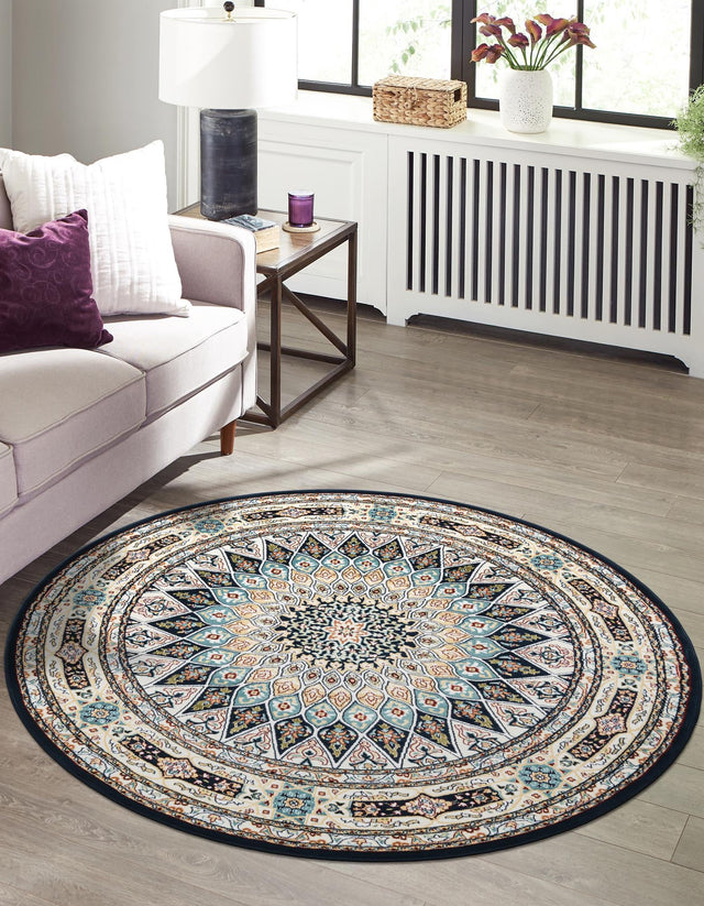 Navy Blue 7' 1 x 7' 1 Narenj Round Area Rug 85% Polypropylene & 15% Polyester Traditional Classic Carpet for Living, Dining, Bedrooms, Office for Sale at Rug Engine