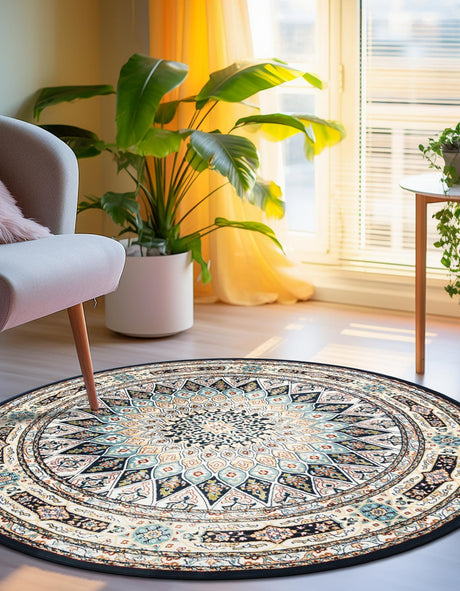 Navy Blue 5' 3 x 5' 3 Narenj Round Area Rug 85% Polypropylene & 15% Polyester Traditional Classic Carpet for Living, Dining, Bedrooms, Office for Sale at Rug Engine