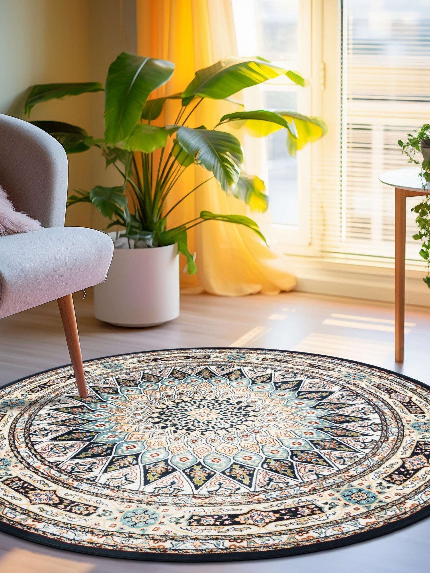 Navy Blue 7' 1 x 7' 1 Narenj Round Area Rug 85% Polypropylene & 15% Polyester Traditional Classic Carpet for Living, Dining, Bedrooms, Office for Sale at Rug Engine