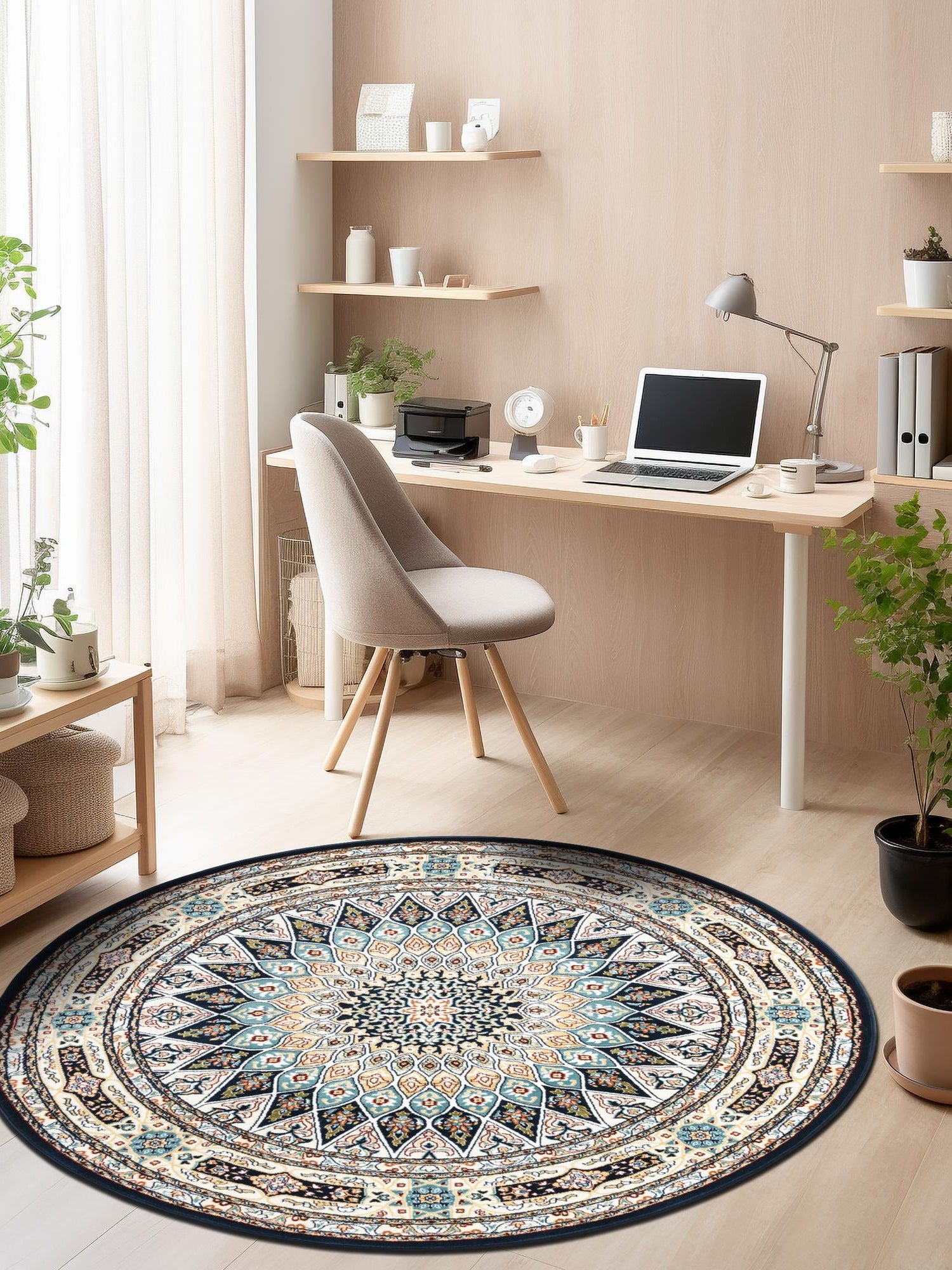 Navy Blue 7' 10 x 8' Narenj Round Area Rug 85% Polypropylene & 15% Polyester Traditional Classic Carpet for Living, Dining, Bedrooms, Office for Sale at Rug Engine