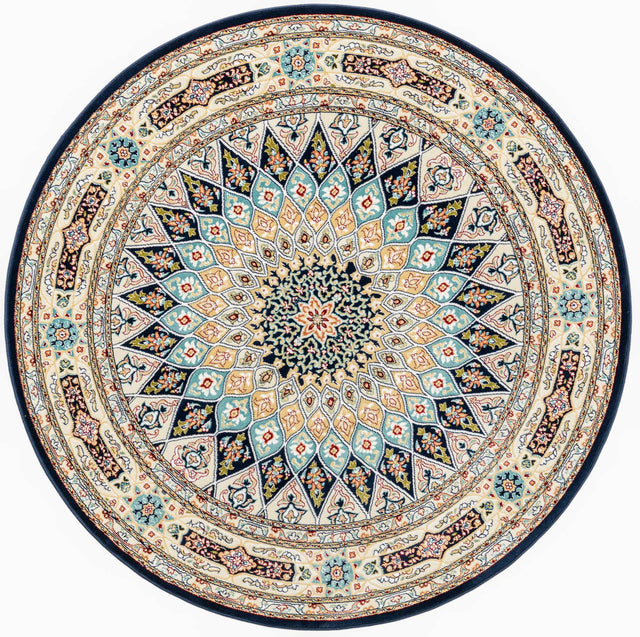 Navy Blue 5' 3 x 5' 3 Narenj Round Area Rug 85% Polypropylene & 15% Polyester Traditional Classic Carpet for Living, Dining, Bedrooms, Office for Sale at Rug Engine