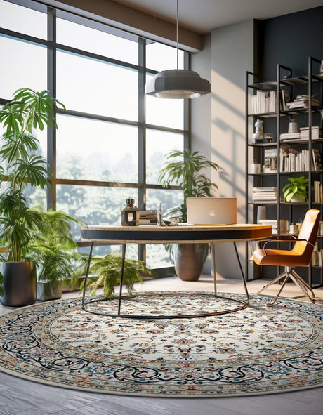 Ivory 4' 1 x 4' 1 Narenj Round Area Rug 85% Polypropylene & 15% Polyester Traditional Classic Carpet for Living, Dining, Bedrooms, Office for Sale at Rug Engine