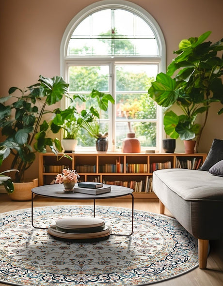 Ivory 4' 1 x 4' 1 Narenj Round Area Rug 85% Polypropylene & 15% Polyester Traditional Classic Carpet for Living, Dining, Bedrooms, Office for Sale at Rug Engine