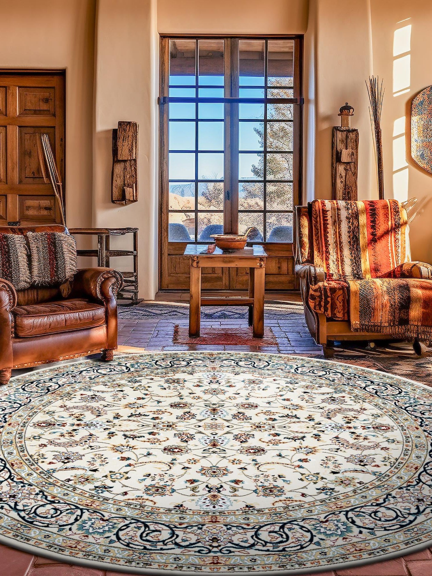 Ivory 4' 1 x 4' 1 Narenj Round Area Rug 85% Polypropylene & 15% Polyester Traditional Classic Carpet for Living, Dining, Bedrooms, Office for Sale at Rug Engine