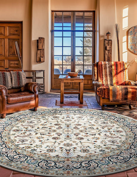Ivory 4' 1 x 4' 1 Narenj Round Area Rug 85% Polypropylene & 15% Polyester Traditional Classic Carpet for Living, Dining, Bedrooms, Office for Sale at Rug Engine